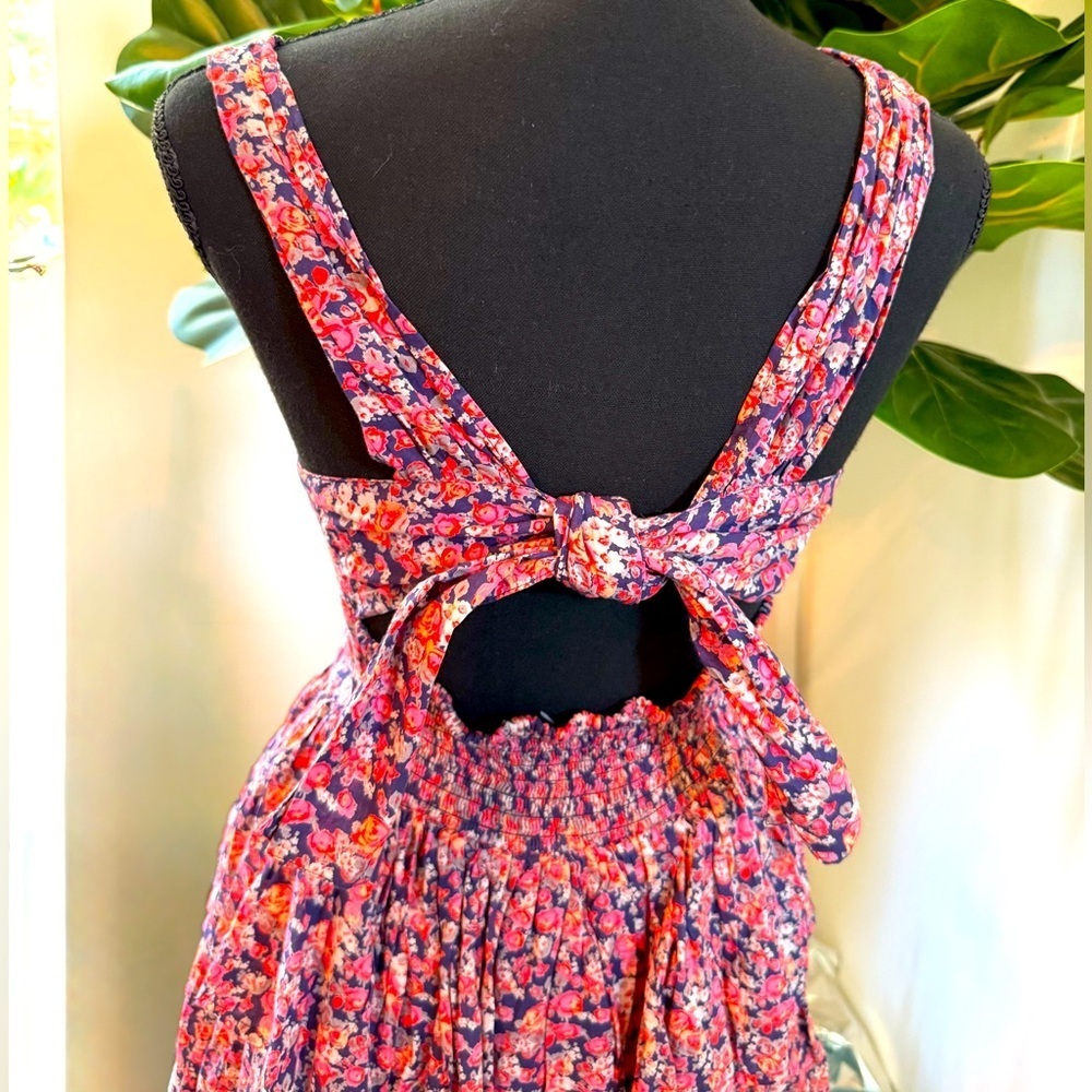 Open Tie Back Sun Dress in Pinks & Blue Floral Cotton Fabric